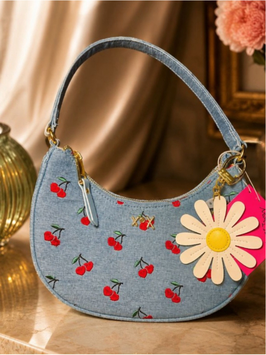 Betsey Johnson Handbags - Betsey Johnson Light Blue Cherry Denim Shoulder Bag w/ Daisy Charm